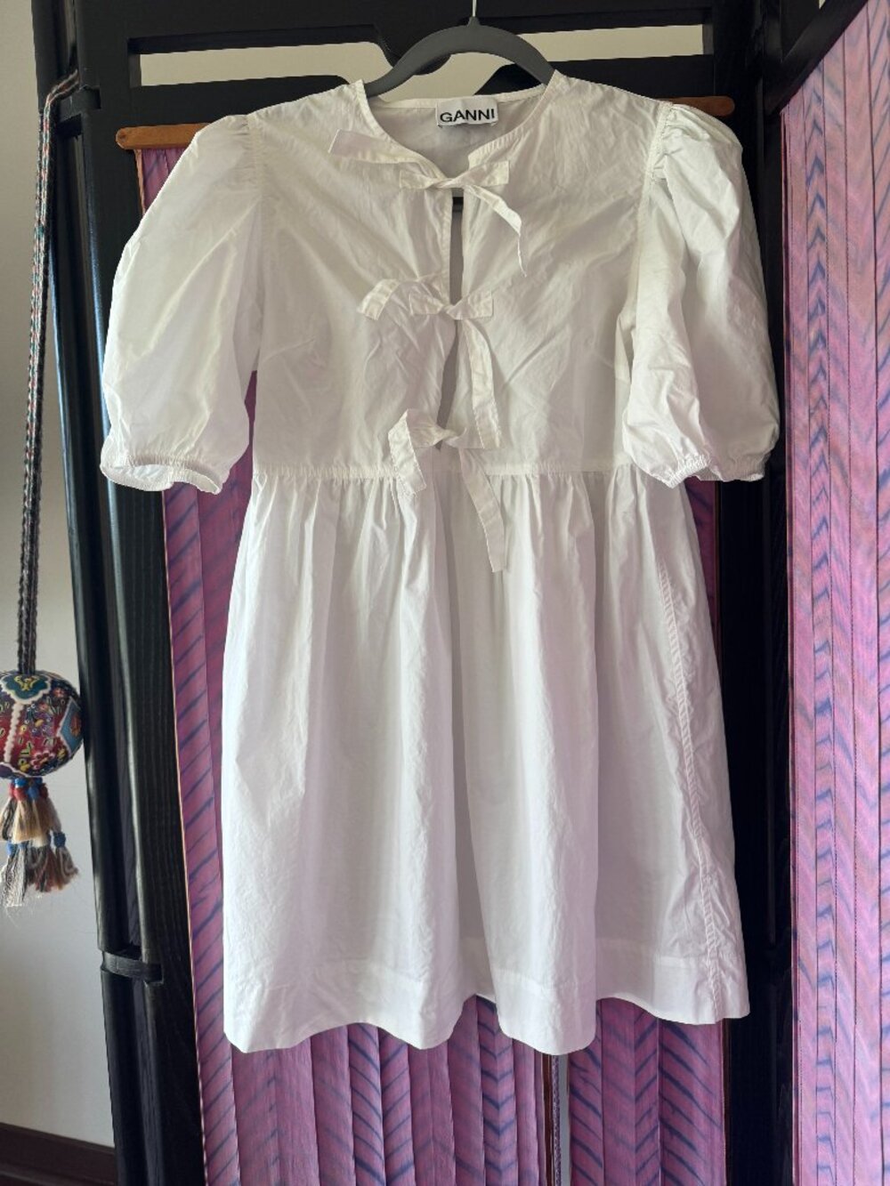 GANNI White Cotton Poplin Tie String Mini Dress Puff Sleeve S/M